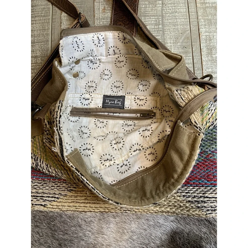Myra Bag Angle Tangle Leather Cotton Canvas Shoulder Crossbody W/Pockets Purse